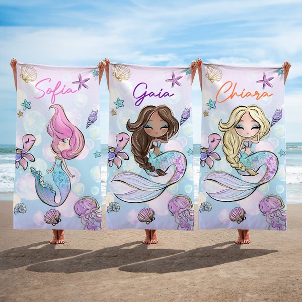 Asciugamano da spiaggia personalizzato con nome e sirena oversize asciugatura rapida essenziale per vacanze al mare regalo per bambine e ragazze