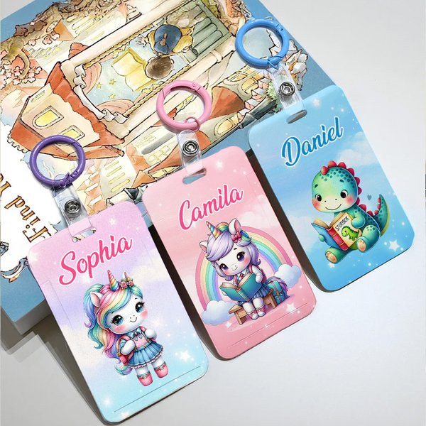 Personalized Cute Dinosaur Fantasy Unicorn Design ID Badge Card Holder with Name and Hanging Buckle Travel Accessories Birthday Gift for Students Kids