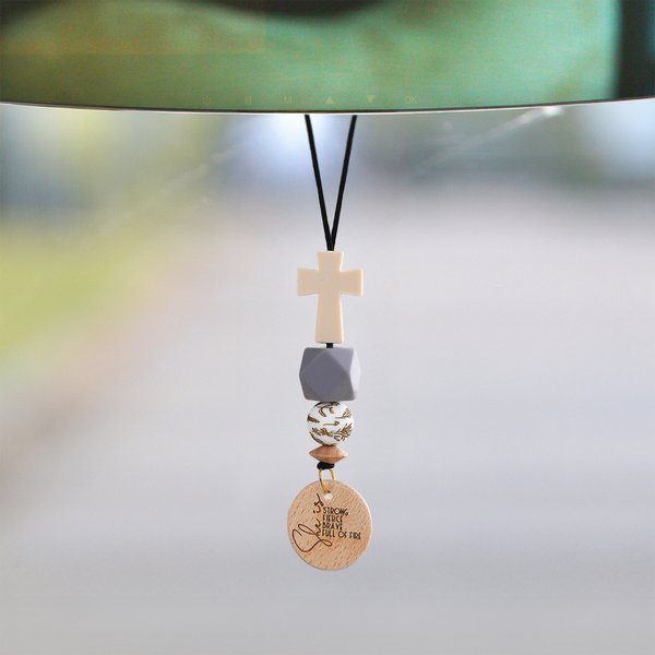 Personalized Silicone Cross Beech Wooden Car Hanging Ornament with Engarved Text Car Accessories Prayer Faith Gift for Christian