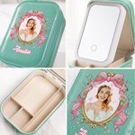 Personalised Princess Photo Frame PU Leather Travel Jewellery Box with Name and LED Makeup Mirror Birthday Wedding Bridal Shower Gift for Girls Brides