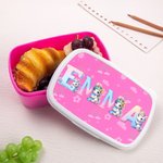 Personifierad söt dinosaurie fantasi-enhörning lunchlåda med namn skolstart födelsedagspresent för flickor pojkar