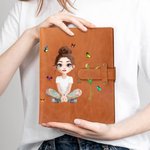 Personalized 3D Cartoon Character Birth Flower A5 PU Leather Notebook Cover with Name and Storage Pocket Birthday Travel Essentials Gift for Women