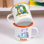 Personlig Fantasy Unicorn Dinosaurie 12 oz Flerfärgad emaljmugg med namn och initialer Födelsedagsbagagagåva till skolan Present till barn