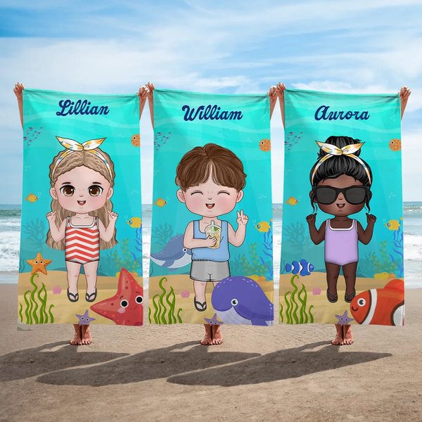 Gepersonaliseerde Cartoon Kind Karakter Marine Thema Sneldrogende Strandhanddoek met Naam Zomer Vakantie Verjaardag Cadeau voor Jongens Meisjes