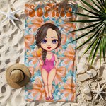 Personalized Floral Bow Cartoon Character Quick Dry Oversized Beach Towel with Name Beach Party Summer Vacation Gift for Swimming Lovers