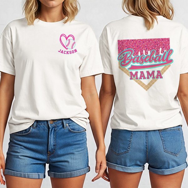 Personlig Ice Cream Drip Baseball Mama 100% bomulls-T-shirt med namn Födelsedag Baseball Game Present för basebollmamma Basebollälskare