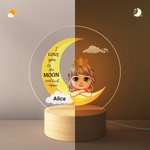 Personalisierte Ich liebe dich zum Mond Dreamy Cartoon Mädchen Junge LED-Nachtlicht mit hölzernen Basis und Namen Kinderzimmer Zimmer Dekoration Geburtstagsgeschenk für Kinder