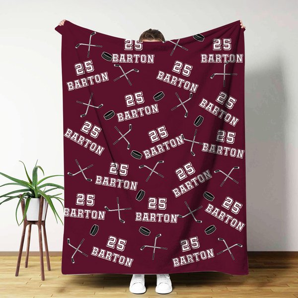 Personnalisé Multicolore Bâton de Hockey sur Glace Couverture Douce avec Nom et Numéro Décoration Maison Anniversaire Cadeau pour les Joueurs de Hockey Fans