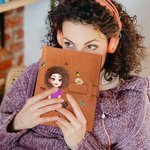 Personalized 3D Cartoon Character Birth Flower A5 PU Leather Notebook Cover with Name and Storage Pocket Birthday Travel Essentials Gift for Women