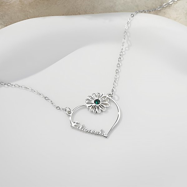 Personalized Heart Birthstone Birth Flower Necklace with Name Dainty Jewelry Birthday Anniversary Valentine's Day Gift for Women