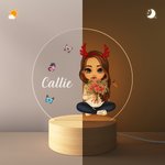 Gepersonaliseerde Cartoon Meisje Vrouwen Acryl Nacht Licht Ornament met Houten Basis met Naam en Geboorte Bloem Verjaardag Cadeau voor Vriendin Familie