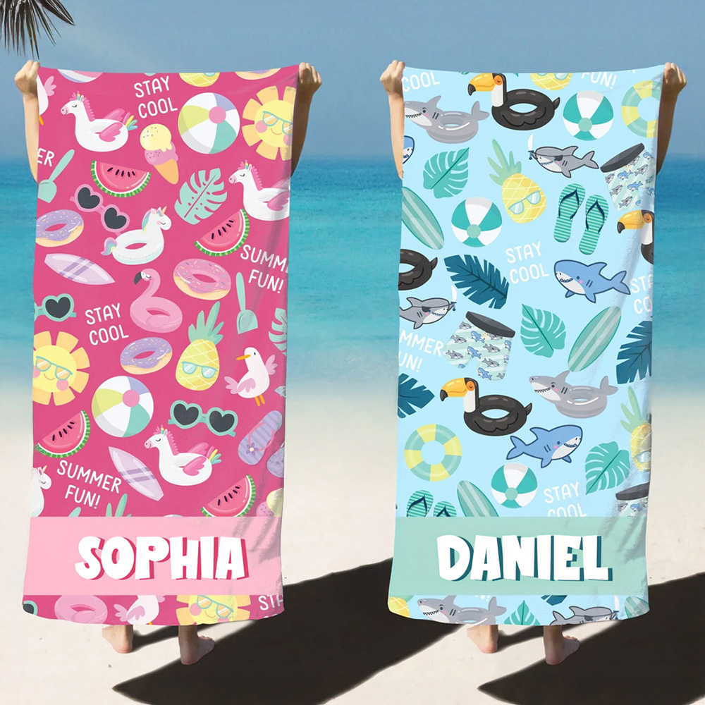 Serviette de Plage Personnalisée avec Nom Thème de l'Été Accessoire Surdimensionnée Séchage Rapide Cadeau Anniversaire Vacance pour Enfant