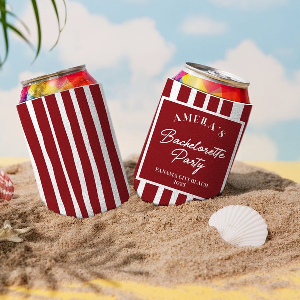 Personalized Bachelorette Party Stripes Insulated Beer Can Cooler Sleeve with Name Date and Location Beach Party Wedding Gift for Bridesmaids