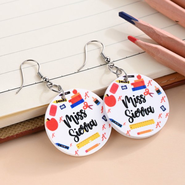 Personalise Apples Pencils Crayons Staplers Acrylic Dangle Earrings with Name Teacher's Day Birthday Gift for Teacher