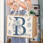 Personalized Butterfly Floral Initial Large Jute Tote Bag with Name Travel Accessories Wedding Party Birthday Gift for Women Bridesmaids
