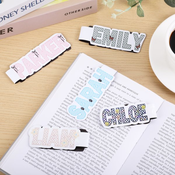 Personalised Colourful Waterproof Magnetic Bookmark Clip with Checkered Name Graduation Back to School Gift for Book Lover Teacher Student