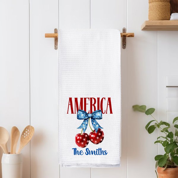 Personalised Red and Blue Bow Cherry Soft Waffle Tea Towel with Text Kitchen Decor Patriotic Independence Day Gift for Family Friend