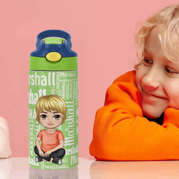 Personalised Cartoon Character Word Cloud Name 12 oz Kid Insulated Water Bottle with Handle and Silicone Straw Back to School Gift for Kids