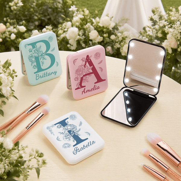 Personalised Floral Initial LED Double-Sided Makeup Mirror with Name Birthday Wedding Bachelorette Party Gift for Women