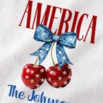 Personalised Red and Blue Bow Cherry Soft Waffle Tea Towel with Text Kitchen Decor Patriotic Independence Day Gift for Family Friend