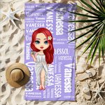 Personalized Cartoon Word Cloud Characters Quick Dry Oversized Beach Towel with Name Summer Beach Party Travel Essentials Birthday Gift for Women