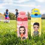 Personalised Cartoon Character Word Cloud Name 12 oz Kid Insulated Water Bottle with Handle and Silicone Straw Back to School Gift for Kids