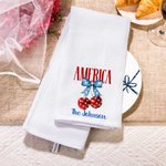 Personalised Red and Blue Bow Cherry Soft Waffle Tea Towel with Text Kitchen Decor Patriotic Independence Day Gift for Family Friend