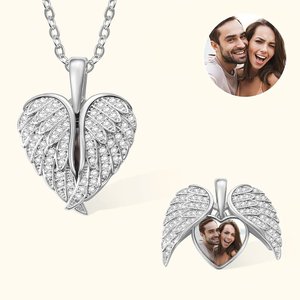 Personalised Cubic Zircon Sterling Silver Heart Shape Angel Wing Photo Locket Necklace Anniversary Birthday Gift for Women