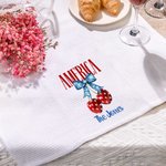 Personalised Red and Blue Bow Cherry Soft Waffle Tea Towel with Text Kitchen Decor Patriotic Independence Day Gift for Family Friend