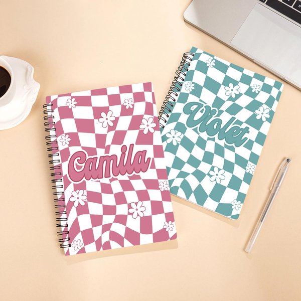 Personalized Plaid Flower Name A5 Spiral Notebook with 120 Lined Pages School Supplies Back to School Gift for Kids