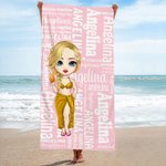 Personalized Cartoon Word Cloud Characters Quick Dry Oversized Beach Towel with Name Summer Beach Party Travel Essentials Birthday Gift for Women