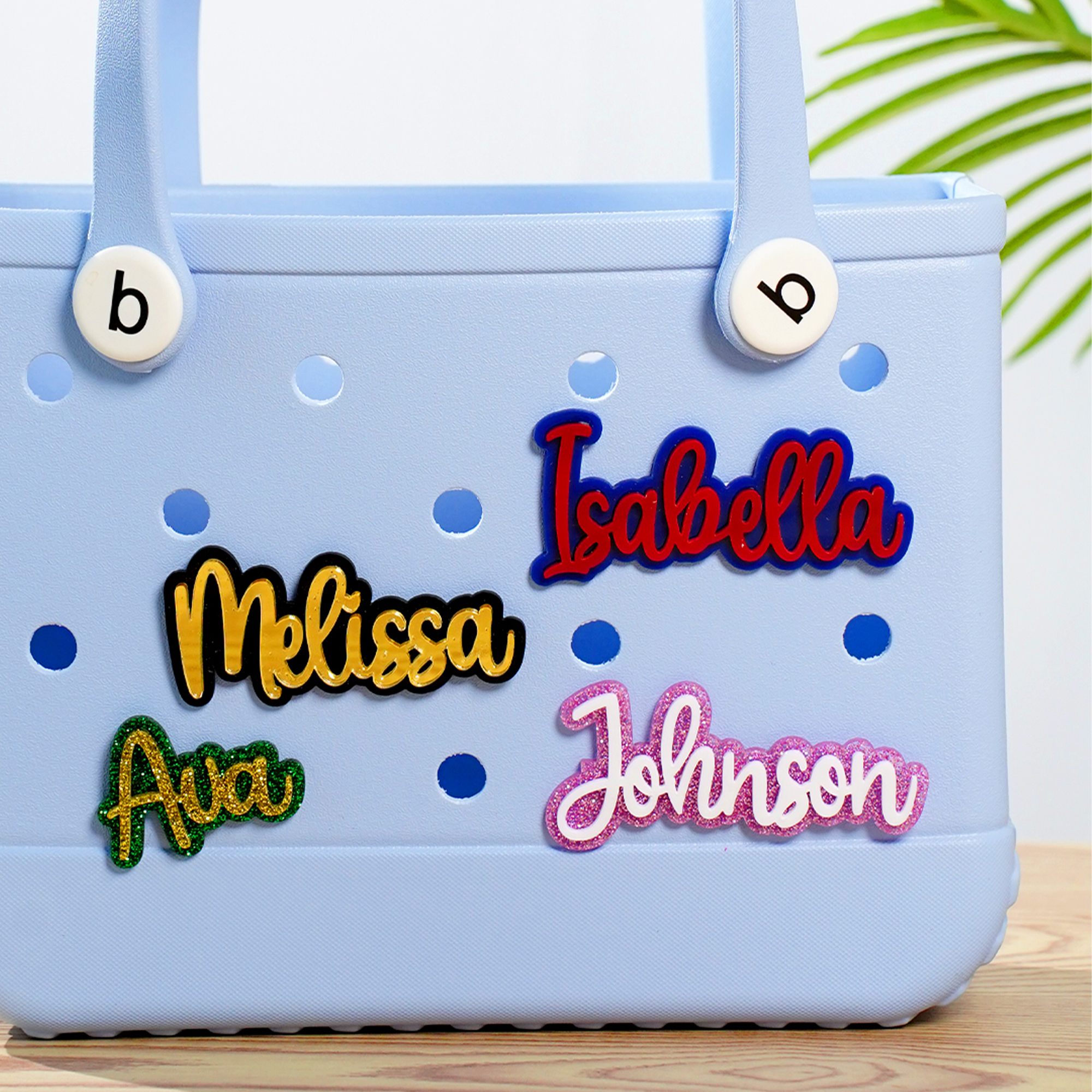 Personnalisé Multicolore Paillettes Nom Sac Acrylique Bouton Charme Accessoires pour Bogg Anniversaire Plage Fête Vacances d'été Cadeau pour Elle