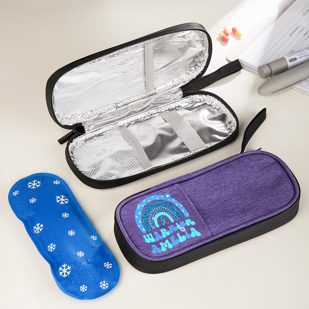 Sacoche de voyage personnalisée arc-en-ciel pour stylo à insuline avec nom et pochette de glace optionnelle Fournitures pour diabétiques Cadeau d'anniversaire pour les diabétiques