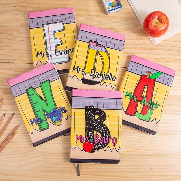 Personalised Apple Pencil A5 150 Pages PU Leather Cover Teacher Journal Notebook with Initial and Name Appreciation Back to School Gift for Teachers