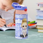Personalised Cartoon Character Word Cloud Name 12 oz Kid Insulated Water Bottle with Handle and Silicone Straw Back to School Gift for Kids