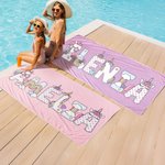 Asciugamano da spiaggia personalizzato con nome in carattere fantasy con unicorni e arcobaleni ad asciugatura rapida regalo estivo per bambini
