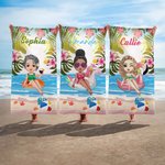 Serviette de Plage Personnalisée avec Personnage de Dessin Animé et Nom Motif Plantes Tropicales Cadeau Anniversaire Plage Vacances pour Femme Fille