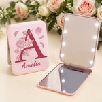 Personalized Floral Initial LED Double-Sided Makeup Mirror with Name Birthday Wedding Bachelorette Party Gift for Women