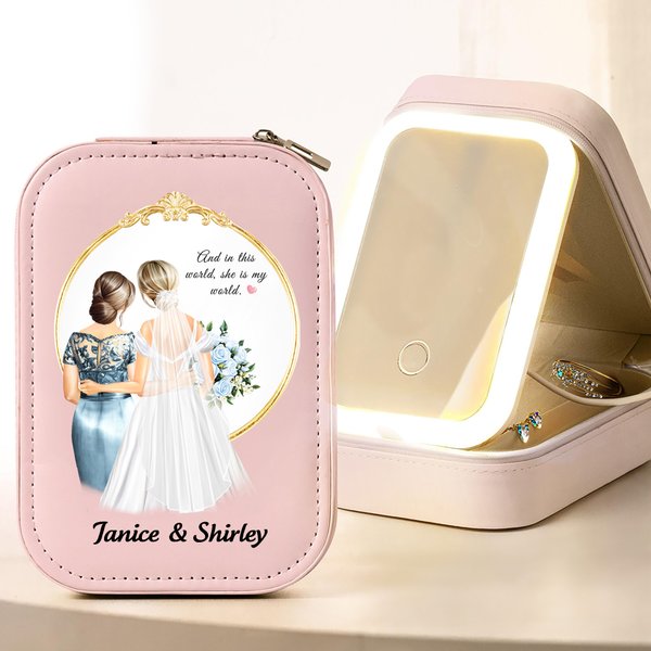 Personalised Cartoon Bride and Mother Characters PU Leather Jewellery Box with Names and LED Adjustable Makeup Mirror Wedding Gift for Brides
