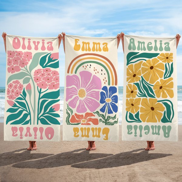 Personlig strandhandduk mångfärgad blommig snabbtorkande överdimensionerad med namn födelsedag sommar och semesterfestgåva för kvinnor