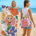 Asciugamano da spiaggia personalizzato con nome e personaggio telo borsa 2 in 1 motivo floreale asciugatura rapida oversize viaggio regalo per donne