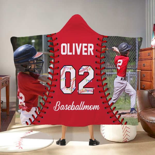 Personlig baseboll julgran ljus foto mjuk huva filt med namn och text basebollsäsong jul födelsedagspresent för basebollälskare