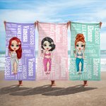 Personalized Cartoon Word Cloud Characters Quick Dry Oversized Beach Towel with Name Summer Beach Party Travel Essentials Birthday Gift for Women