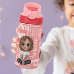 Personalised Cartoon Character Word Cloud Name 12 oz Kid Insulated Water Bottle with Handle and Silicone Straw Back to School Gift for Kids