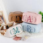 Personalized Floral Initial Wide Opening PU Leather Makeup Bag with Name Travel Essentials Birthday Anniversary Gift for Women