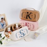 Personalized Floral Initial Wide Opening PU Leather Makeup Bag with Name Travel Essentials Birthday Anniversary Gift for Women