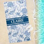 Toalla de playa personalizada con nombre Toile de Jouy Ocean Art Quick Dry Oversize Beach Towel Summer Vacation Beach Party Essentials Birthday Gift for Friend Family