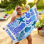 Personalized Fish Marine Life Art Illustration Oversized Quick Dry Beach Towel with Name Summer Vacation Travel Essentials Birthday Gift for Friends