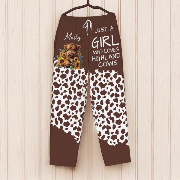 Personalized Highland Cow Sunflower Soft Pajama Pants with Name Anniversary Birthday Gift for Women Highland Cow Lovers