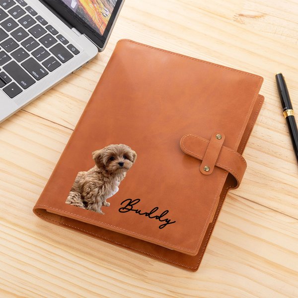 Personalized Pet Face Photo PU Leather A5 Sketchbook Notebook Cover with Name and Storage Pocket Birthday Anniversary Gift for Pet Lover